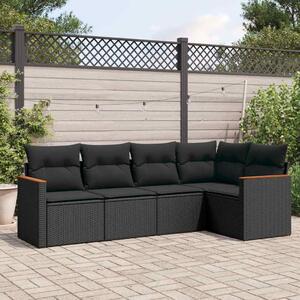 5 részes fekete polyrattan kerti kanapészett párnákkal