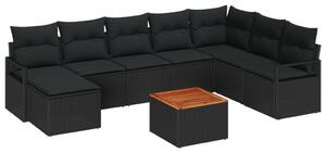 9 Darabos Kerti Kanapé Szett Párnákkal Fekete Poli Rattan Akácfa, 2-Fős Kerti Kanapé Párnákkal Fekete Poli Rattan