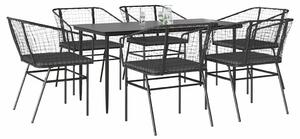 7 részes fekete polyrattan üveg kerti étkezőgarnitúra párnákkal