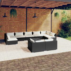 10 részes fekete polyrattan kerti ülőgarnitúra párnákkal