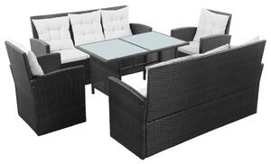 5-részes fekete polyrattan kerti bútorszett párnákkal
