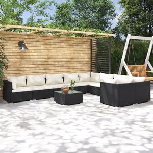 10 részes fekete polyrattan kerti ülőgarnitúra párnákkal