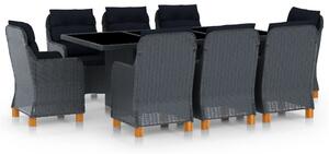 9 részes sötétszürke polyrattan kültéri étkezőszett párnákkal