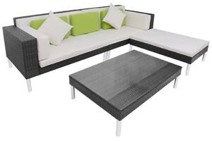 4-részes fekete polyrattan kerti bútorszett párnákkal