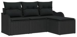 4 darabos kerti kanapé szett párnákkal fekete poli rattan, 2 személyes kerti kanapé tárolóval és párnákkal fekete poli rattan