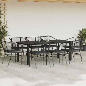 9 részes fekete polyrattan üveg kerti étkezőgarnitúra párnákkal