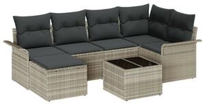 7 Részes Kert Kanapé Szett Párnákkal Szürke Poly Rattan, 2-Fős Kert Kanapé Tárolóval és Párnákkal Világosszürke Poly Rattan