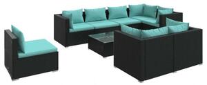 Polyrattan Kerti Ülőgarnitúra - 9 részes - Fekete - Türkiz
