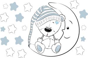 Maci holdon ül csillagokkal, fehér falmatrica | 18 db-os szett | 50 cm x 35 cm-től