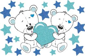 Macipár kék szívvel csillagokkal glitteres falmatrica | 19 db-os szett | 70 cm x 45 cm-től