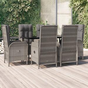 VidaXL 7 részes fekete és szürke polyrattan kerti étkezőszett párnával
