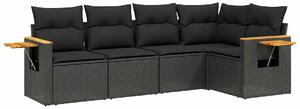 5 részes fekete polyrattan kerti kanapészett párnákkal