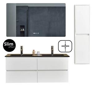 Hongkong Duo White 120 komplett fürdőszoba bútor szett fali mosdószekrénnyel, dupla fekete mosdóval, tükörrel és magas szekrénnyel