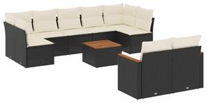 VidaXL 10 részes fekete polyrattan kerti ülőgarnitúra párnákkal