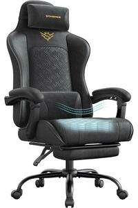 Irodai szék, gamer szék, ergonomikus, ülőpárnával, lábtámasszal, fekete PU szövet