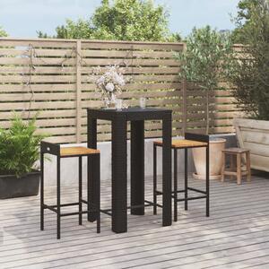 3 részes fekete polyrattan és tömör akácfa kerti bárszett