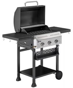 Gázgrill 9 KW 3 égős BBQ grillkocsi rozsdamentes acélból, összecsukható oldalsó asztallal, fűszertartóval