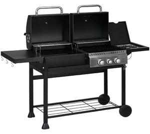 Outsunny Gázgrill, hőmérővel és melegen tartó tányérokkal, fekete és ezüst