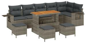9 Részes Kerti Sofaszett Párnákkal Szürke Poli Rattan Akác, 3 Részes Kerti Étkezős Szett Párnákkal Szürke Poli Rattan Akác