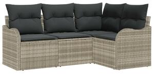 4 darabos kerti kanapé szett párnákkal Világosszürke Poli Rattan, 2-fős kerti kanapé tárolóval és párnákkal Világosszürke Poli Rattan