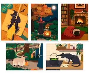 Fekete macskás Halloween 5 darabos egyedi rajzolt grafika falikép kollekció