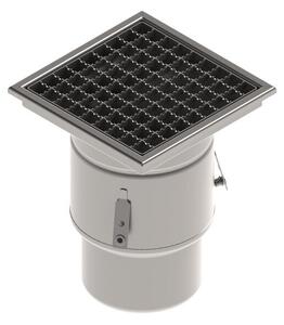 STAINLESS inox padlóösszefolyó – 250×250 mm, csúszásgátló rács, függőleges kimenet DN150