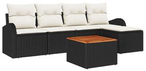 6 Részes Kerti Sofa Szett Párnákkal Fekete Poli Rattan Akácián