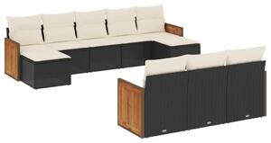 VidaXL 10 részes fekete polyrattan kerti ülőgarnitúra párnákkal