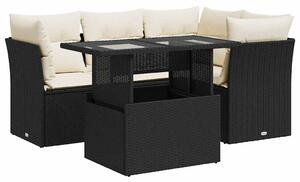 5 részes fekete polyrattan kerti kanapészett párnákkal