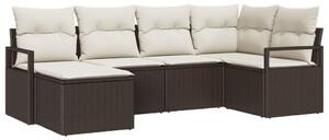 6 Részes Kerti Kanapé Szett Párnákkal Barna Poly Rattan, 2-Fős Kerti Kanapé Párnákkal Barna Poly Rattan