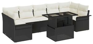 8 részes kerti kanapészett párnákkal fekete poli rattan, 2 férőhelyes kerti kanapé tárolóval és párnákkal fekete poli rattan