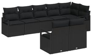 8 részes kertibútor szett párnákkal fekete poli rattan, 2 személyes kertibútor párnákkal fekete poli rattan