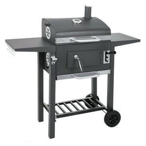 Zola faszenes grill fedéllel és hőmérővel, öntöttvas és rozsdamentes acél rostéllyal, állítható magassággal, szellőzőrendszerrel, 3 polccal és tartozékokkal, 110 x 105 x 50 cm, fekete