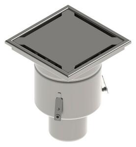 STAINLESS inox padlóösszefolyó – 250×250 mm, réses fedlap, függőleges kimenet DN110