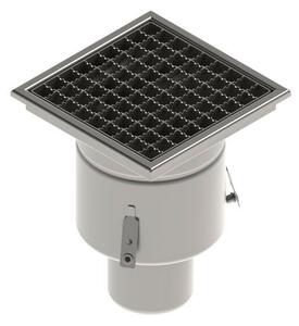 STAINLESS inox padlóösszefolyó – 250×250 mm, csúszásgátló rács, függőleges kimenet DN110
