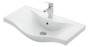 MART 75 cm széles álló fürdőszobai mosdószekrény, fényes fehér, fekete kiegészítőkkel, 2 soft close ajtóval, íves kerámia mosdóval