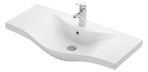 LEDA 85 cm széles álló fürdőszobai mosdószekrény króm kiegészítőkkel, íves kerámia mosdóval és soft close ajtókkal és LED okostükörrel