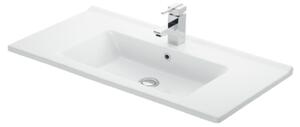HD HÉRA 85 cm széles álló fürdőszobai mosdószekrény, fényes fehér, króm kiegészítőkkel, 2 soft close ajtóval, szögletes kerámia mosdóval