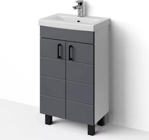 HÉRA 50 cm széles álló fürdőszobai mosdószekrény, sötét szürke, fekete kiegészítőkkel, 2 soft close ajtóval, szögletes kerámia mosdóval és LED okostükörrel
