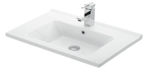 HÉRA 55 cm széles álló fürdőszobai mosdószekrény, fényes fehér, króm kiegészítőkkel, 2 soft close ajtóval, szögletes kerámia mosdóval és LED okostükörrel