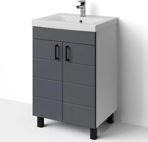 HÉRA 55 cm széles álló fürdőszobai mosdószekrény, sötét szürke, fekete kiegészítőkkel, 2 soft close ajtóval, szögletes kerámia mosdóval és LED okostükörrel