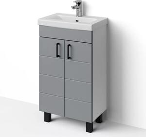HÉRA 50 cm széles álló fürdőszobai mosdószekrény, világos szürke, fekete kiegészítőkkel, 2 soft close ajtóval, szögletes kerámia mosdóval és LED okostükörrel
