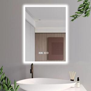 HÉRA 55 cm széles álló fürdőszobai mosdószekrény, világos szürke, fekete kiegészítőkkel, 2 soft close ajtóval, szögletes kerámia mosdóval és LED okostükörrel