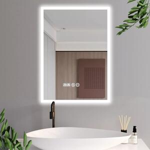 LIGHT 50 cm széles álló fürdőszobai mosdószekrény, fényes fehér, króm kiegészítőkkel, 2 ajtóval, szögletes kerámia mosdóval és LED okostükörrel