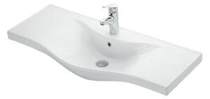 HD STANDARD 100 cm széles álló fürdőszobai mosdószekrény, fényes fehér, króm kiegészítőkkel, 3 ajtóval és 2 fiókkal, íves kerámia mosdóval és LED okostükörrel