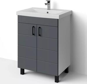 HÉRA 65 cm széles álló fürdőszobai mosdószekrény, sötét szürke, fekete kiegészítőkkel, 2 soft close ajtóval, szögletes kerámia mosdóval és LED okostükörrel