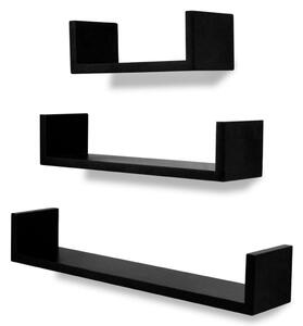 VidaXL 3 fekete MDF U-alakú lebegő fali könyvpolc/DVD tároló
