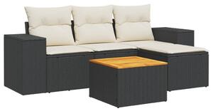 5 részes fekete polyrattan kerti kanapészett párnákkal