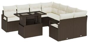 9 Darabos Kert Sofa Szett Párnákkal Barna Poli Rattan, 2 Személyes Kert Sofa Tárolóval és Párnákkal Barna Poli Rattan
