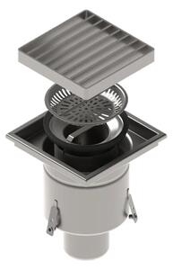 STAINLESS inox padlóösszefolyó – 200×200 mm, rács, függőleges kimenet DN110